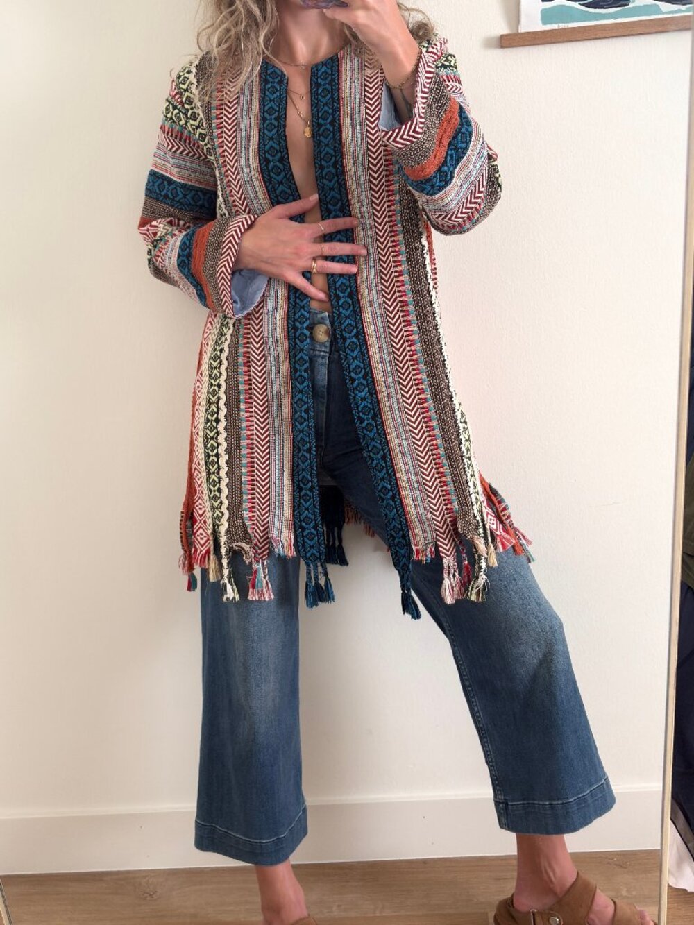 Zara Boho Tapestry Fringe Jacket Multicolor Size S